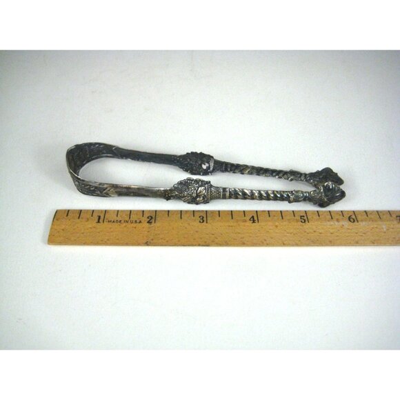 Antique Silver Ornate Sugar Tongs Floral Twisted Rope Design Cornucopia Urn - Picture 2 of 8